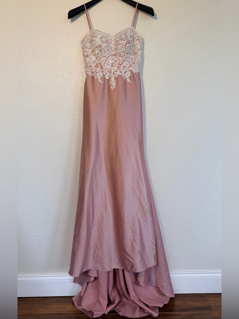 JJs House Blush Pink Lace Bodice Spaghetti Strap Evening Gown